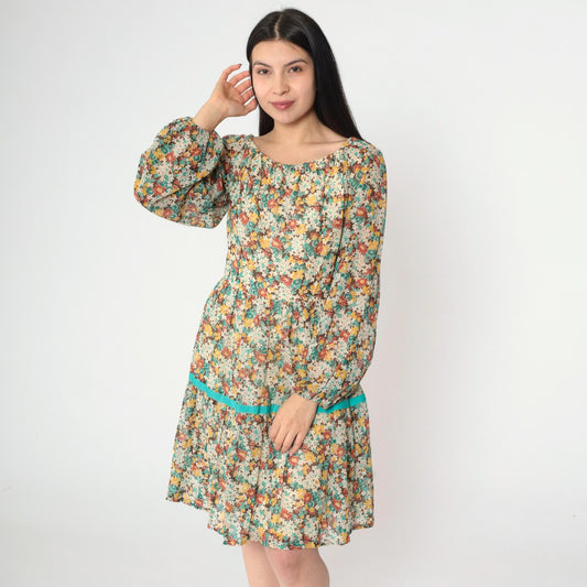 70s Floral Peasant Dress Off-Shoulder Tiered Mini Long Sleeve Small