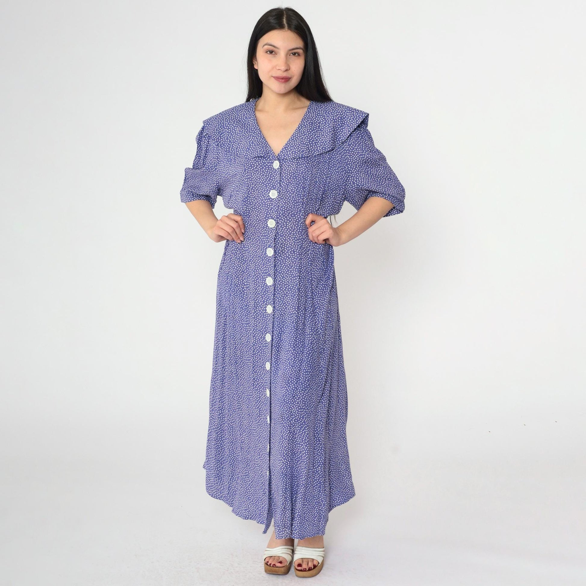 80s Purple Polka Dot Maxi Dress Sailor Collar Button-Up Rayon Large