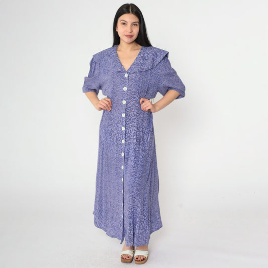 80s Purple Polka Dot Maxi Dress Sailor Collar Button-Up Rayon Large