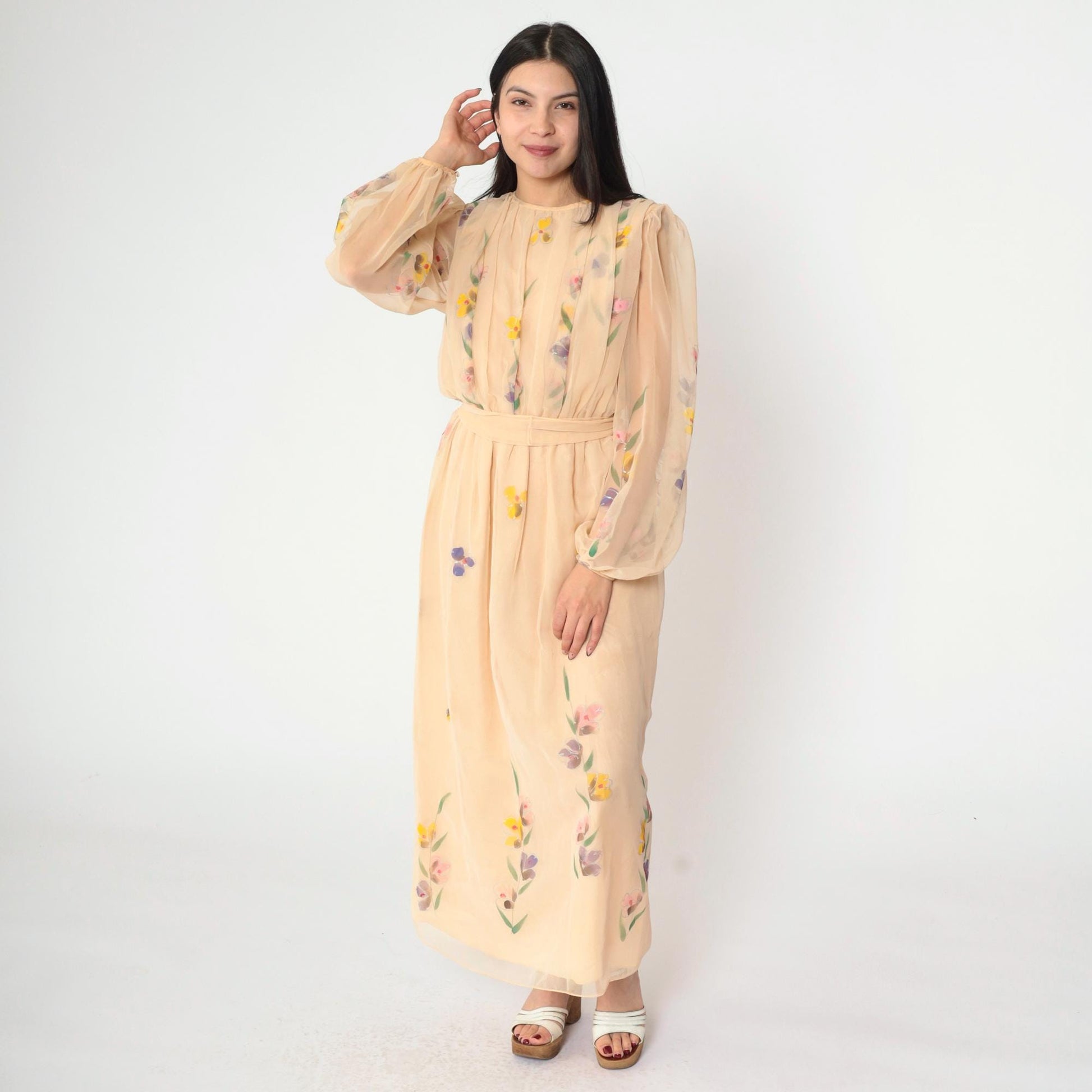 70s Peach Floral Chiffon Maxi Dress Puff Sleeve High Waist Small