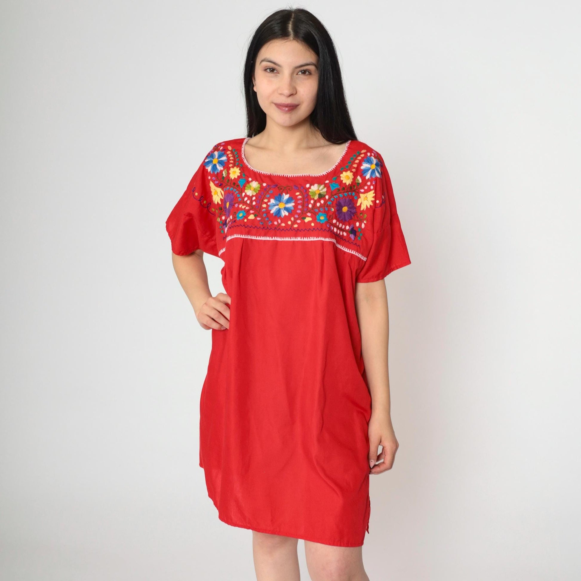 Mexican Embroidered Mini Dress Red Floral Tunic Short Sleeve XXL
