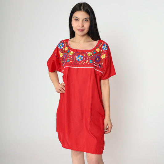 Mexican Embroidered Mini Dress Red Floral Tunic Short Sleeve XXL