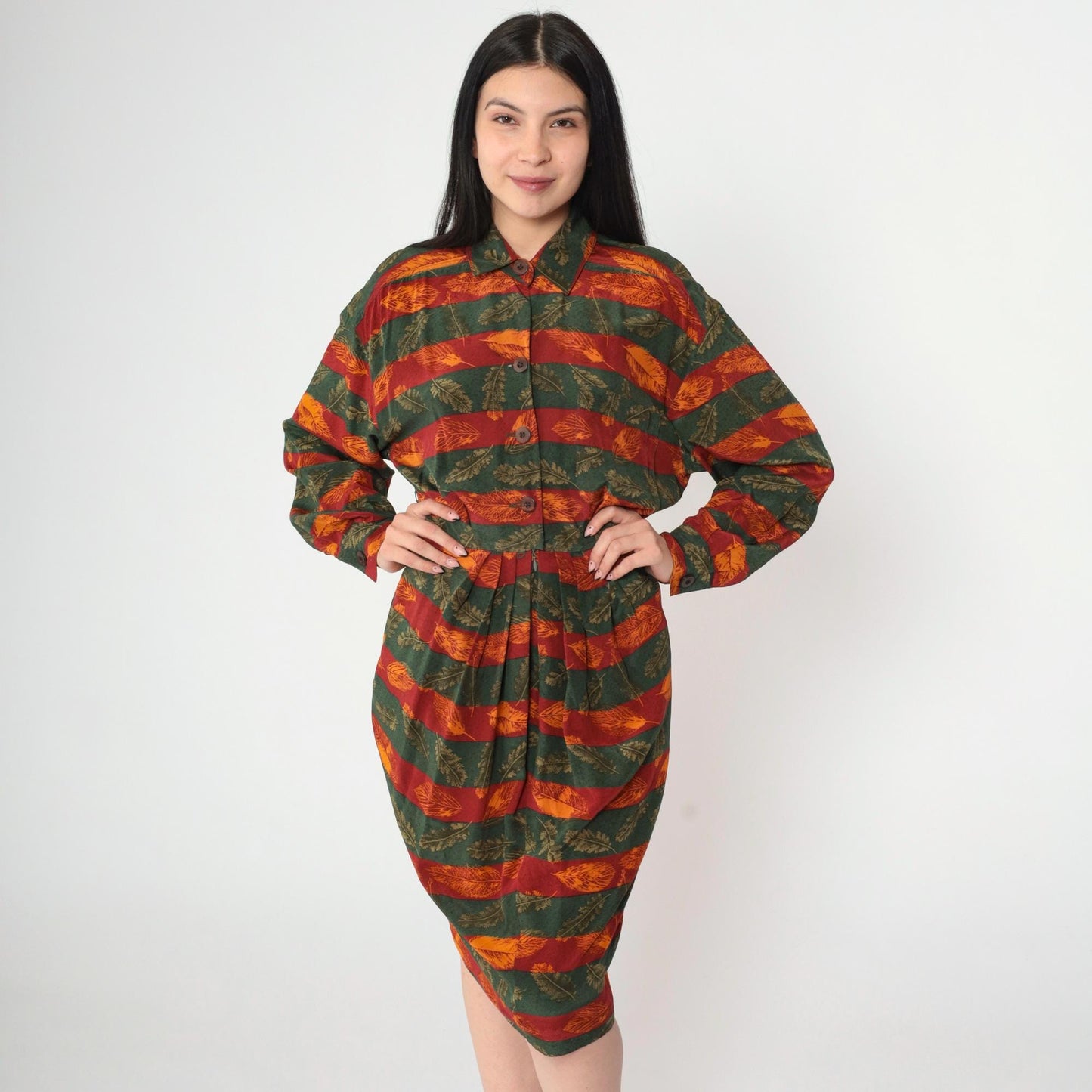 80s Silk Midi Dress Autumn Leaf Print Button-Up Blouson Long Sleeve Red Orange Green Extra Small