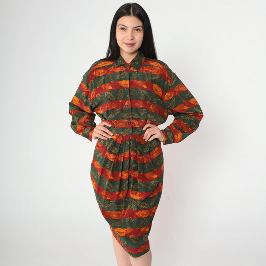80s Silk Midi Dress Autumn Leaf Print Button-Up Blouson Long Sleeve Red Orange Green Extra Small