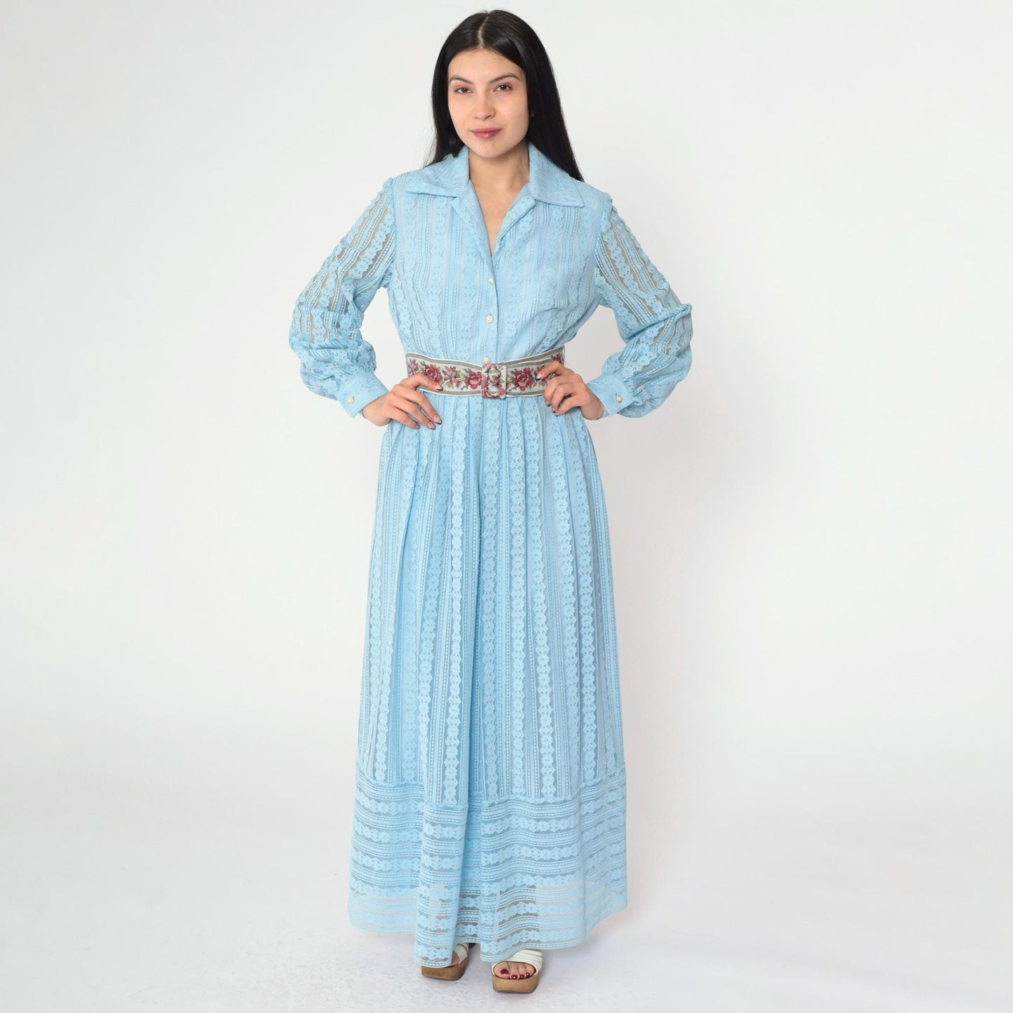 70s Baby Blue Crochet Lace Maxi Dress Pearl Buttons High Waist Small