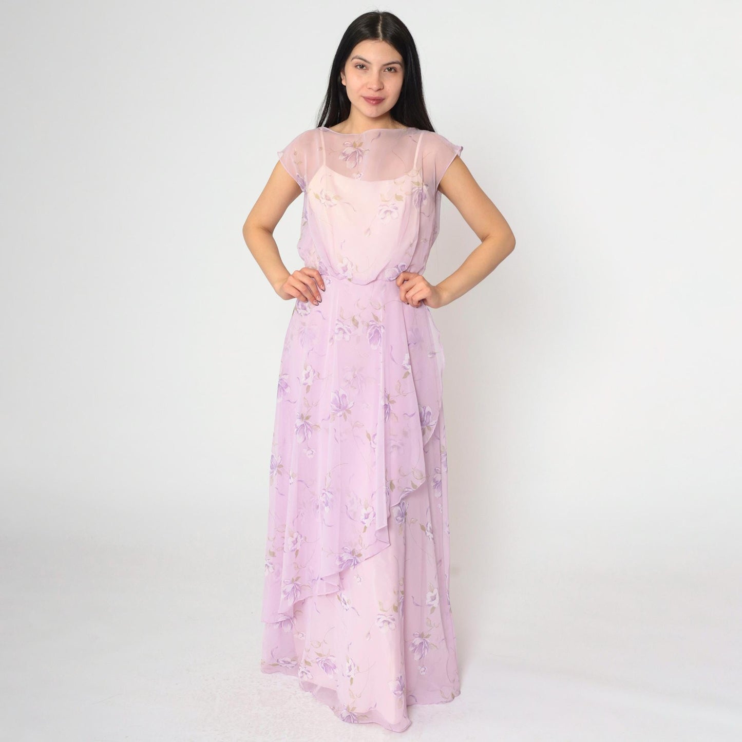 70s Lavender Floral Chiffon Maxi Dress High Waist Asymmetrical Small