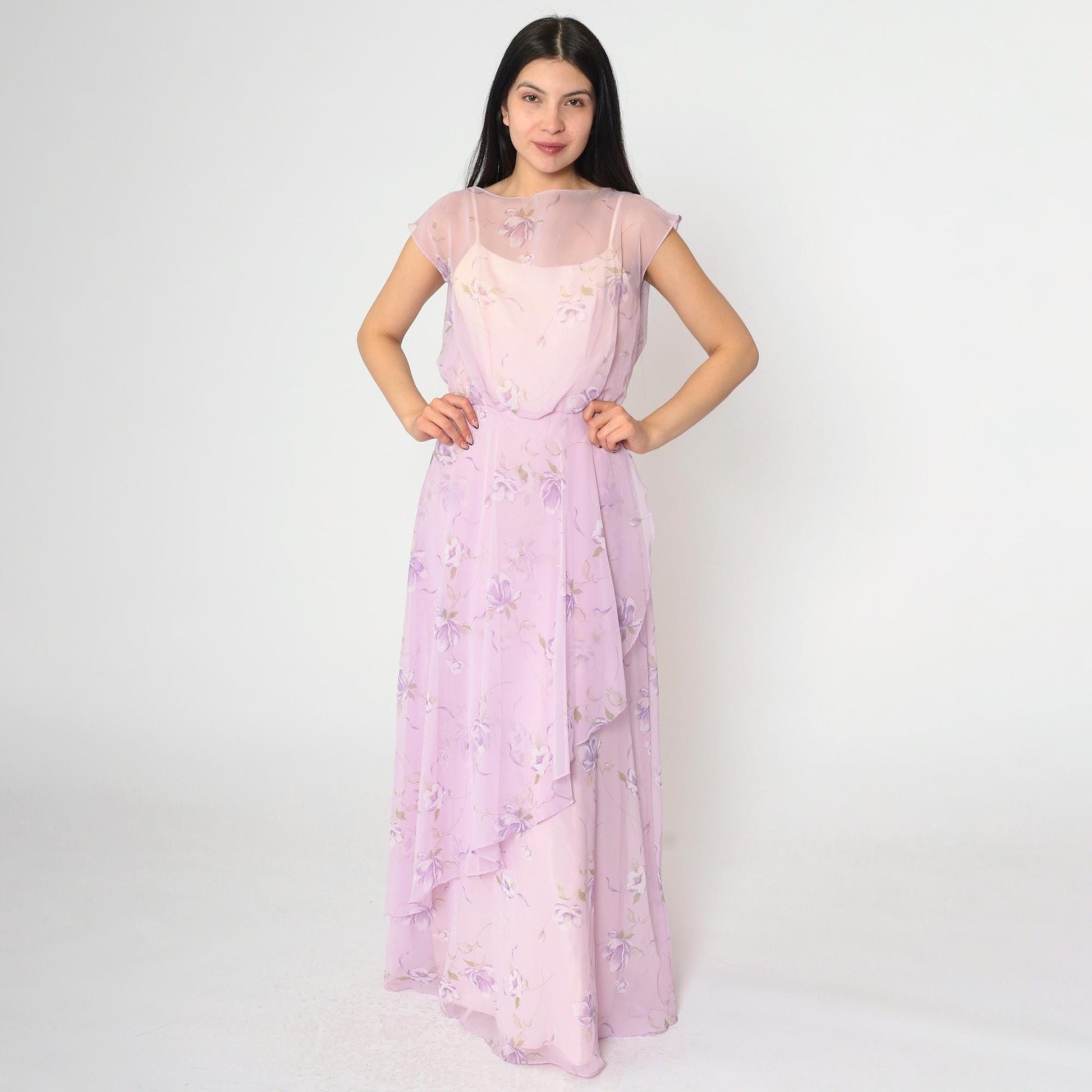 70s Lavender Floral Chiffon Maxi Dress High Waist Asymmetrical Small