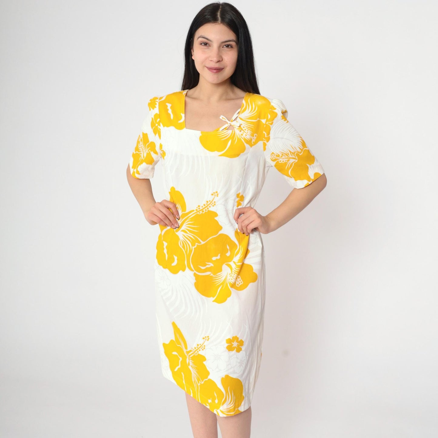80s Hawaiian Floral Mini Dress White Yellow Tropical Puff Sleeve Small