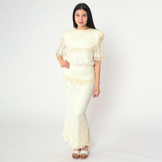80s Jessica McClintock Ivory Lace Maxi Gown Bow Back Short Sleeve Small