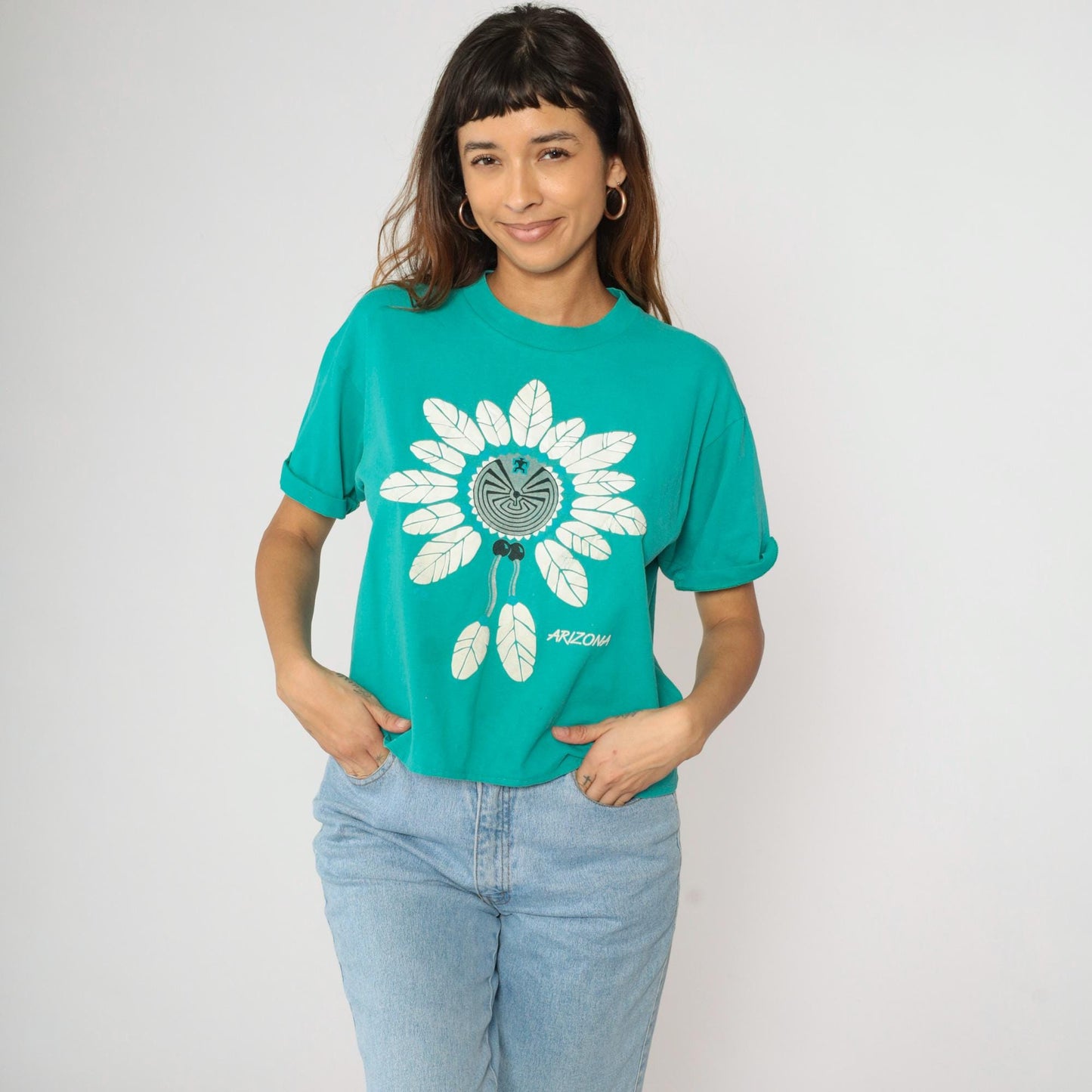 90s Arizona Turquoise Southwest Graphic Cropped T-Shirt Native American Maze Large