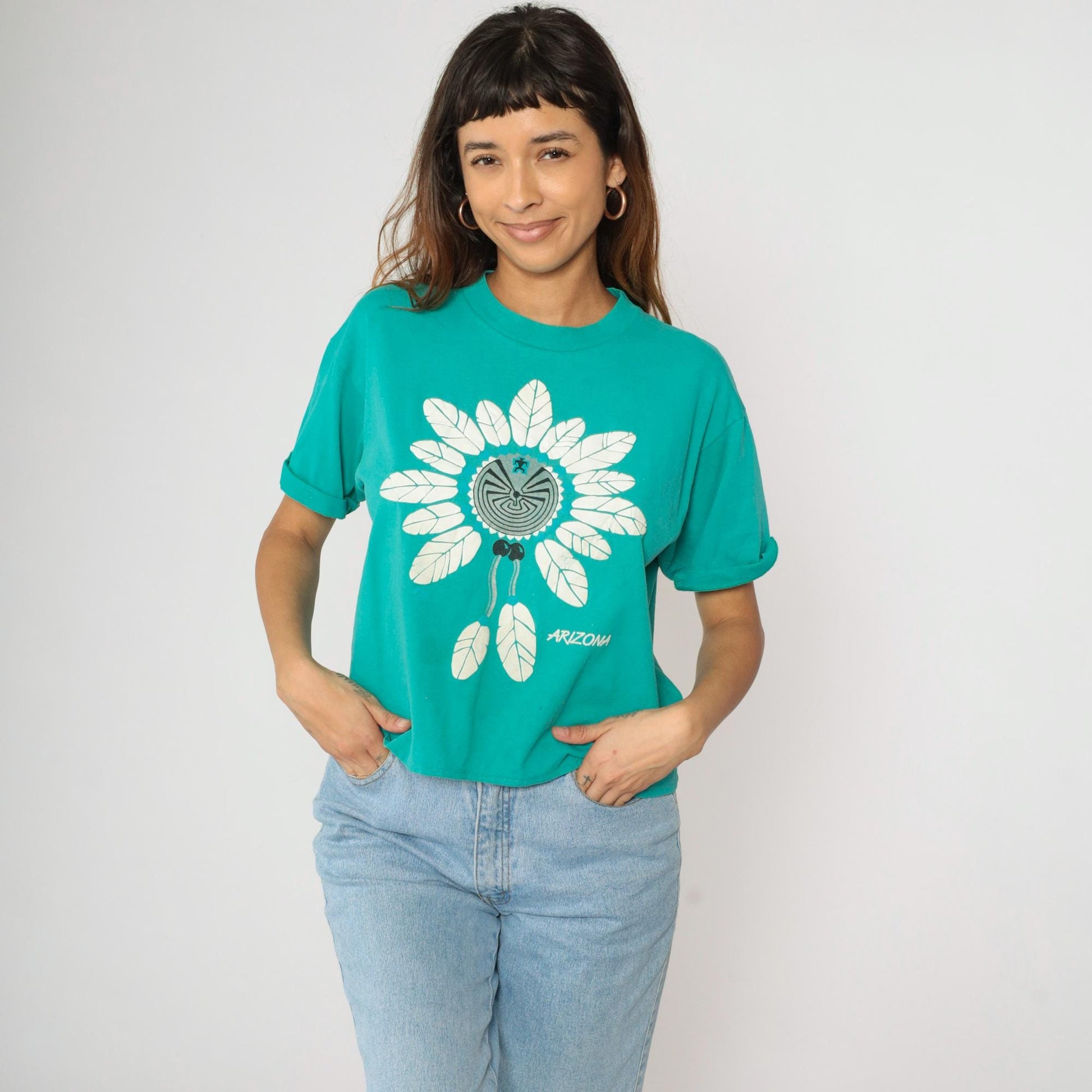 90s Arizona Turquoise Southwest Graphic Cropped T-Shirt Native American Maze Large