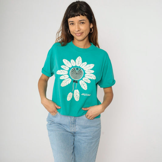 90s Arizona Turquoise Southwest Graphic Cropped T-Shirt Native American Maze Large