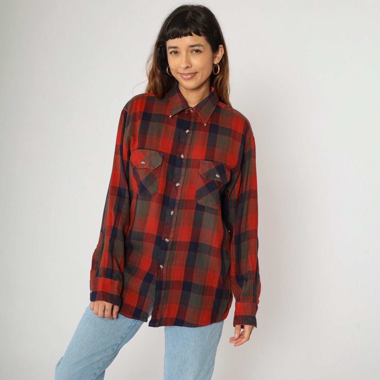 80s Northwest Territory Plaid Button Up Shirt Red Navy Acrylic Men's Large