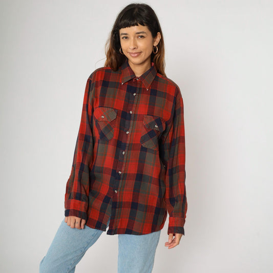 80s Northwest Territory Plaid Button Up Shirt Red Navy Acrylic Men's Large