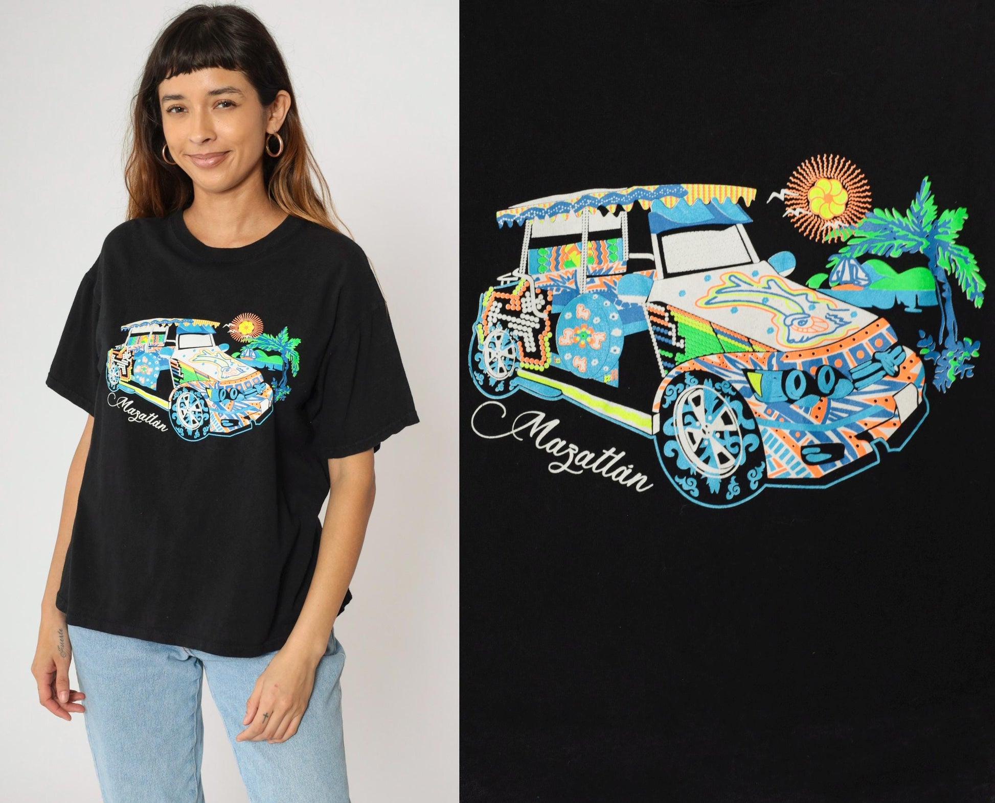 Y2K Mazatlán Mexico Graphic Tee Black Car Palm Tree Print Large L