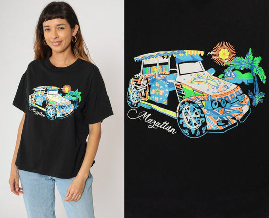 Y2K Mazatlán Mexico Graphic Tee Black Car Palm Tree Print Large L