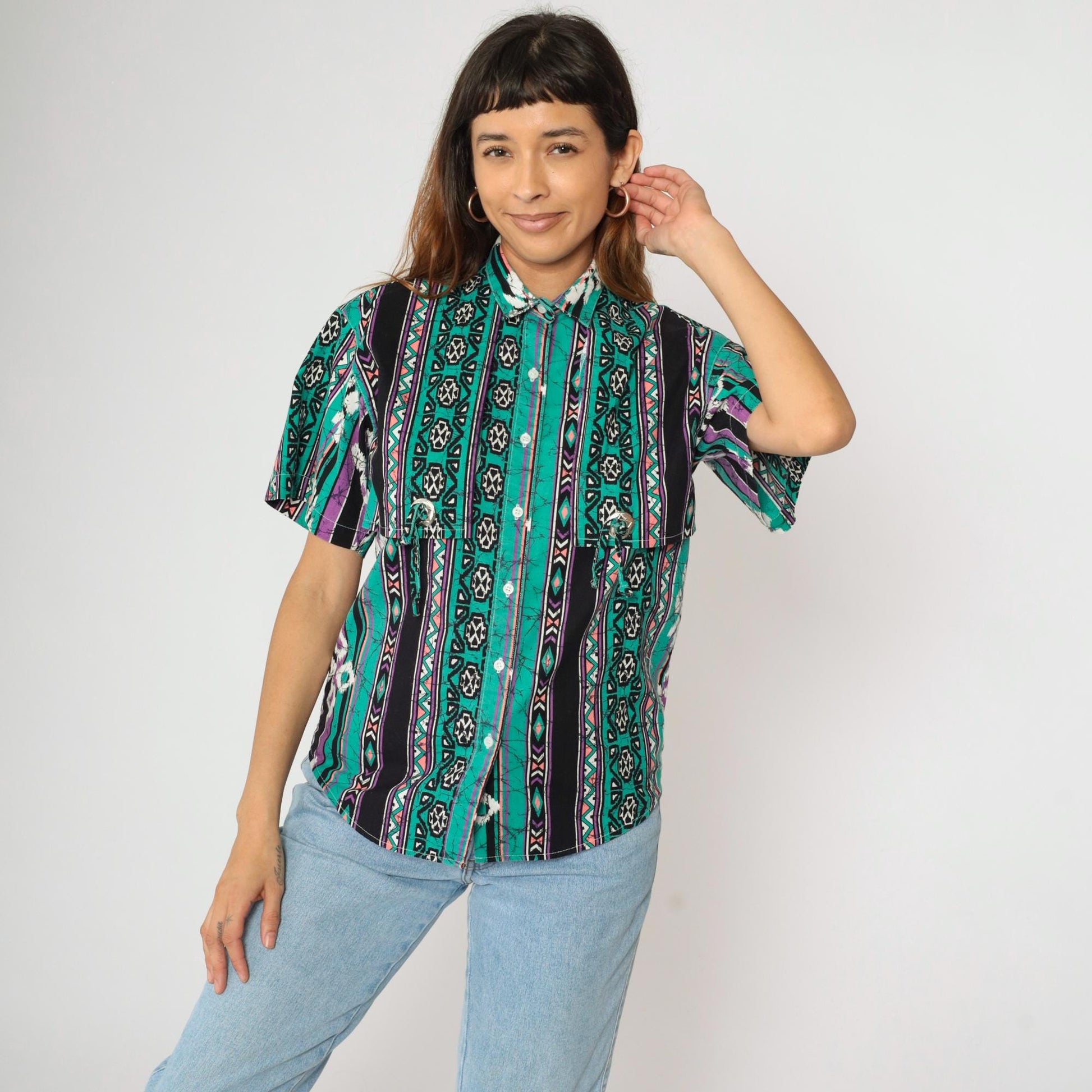 90s Frontier Series Western Shirt Green Purple Aztec Print Snap Button Small
