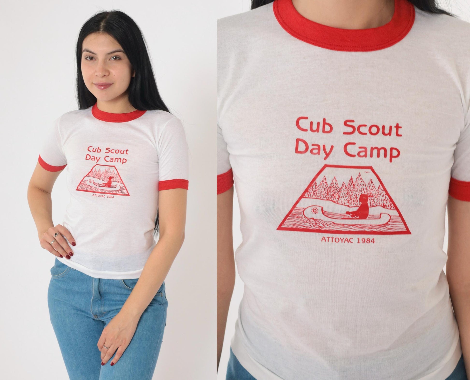 1980s Cub Scout Day Camp Attoyac Ringer Tee White Red Graphic 2XS