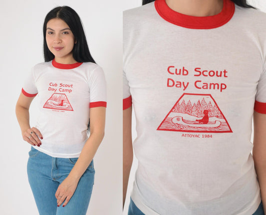 1980s Cub Scout Day Camp Attoyac Ringer Tee White Red Graphic 2XS