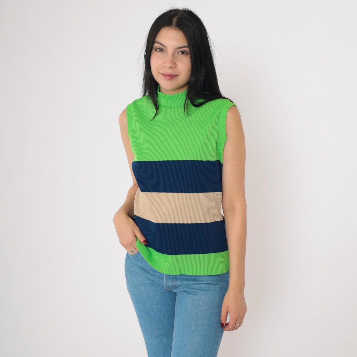 70s Fire Islander Tank Top Lime Green Navy Tan Striped Mock Neck Medium Large