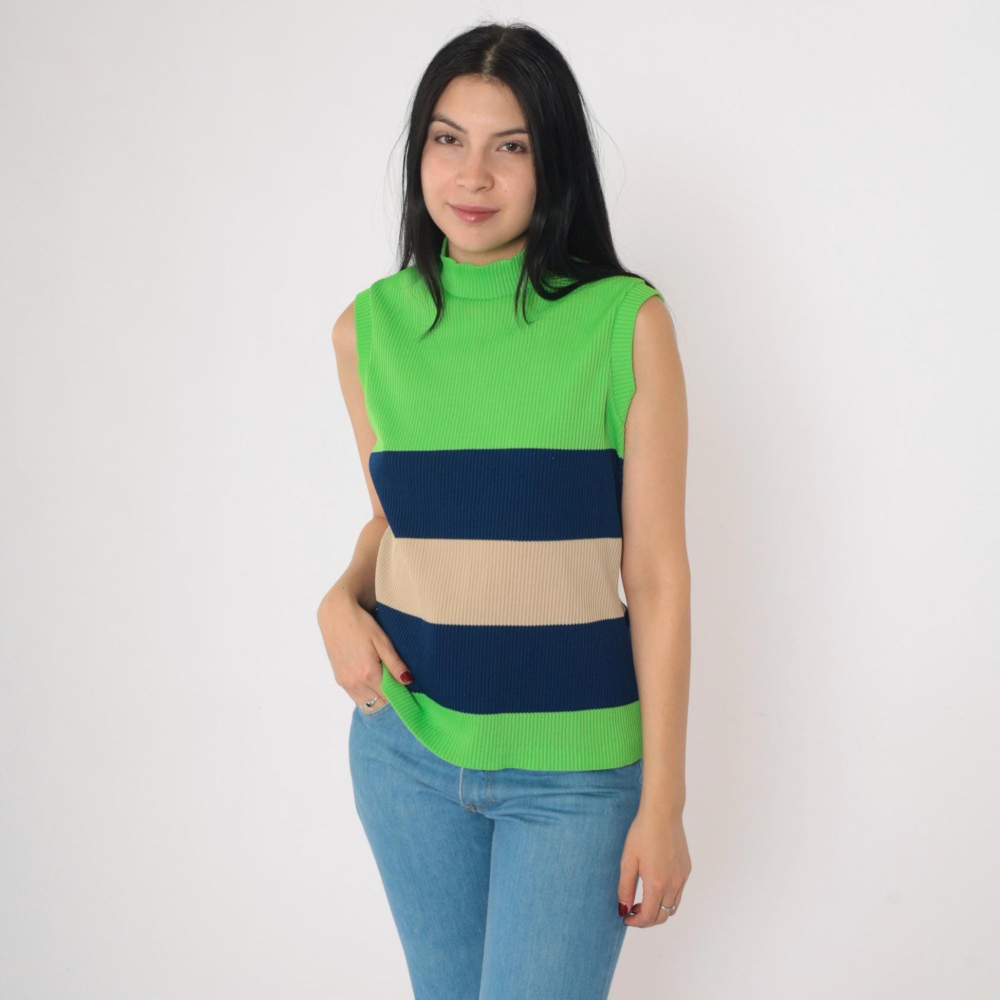 70s Fire Islander Tank Top Lime Green Navy Tan Striped Mock Neck Medium Large