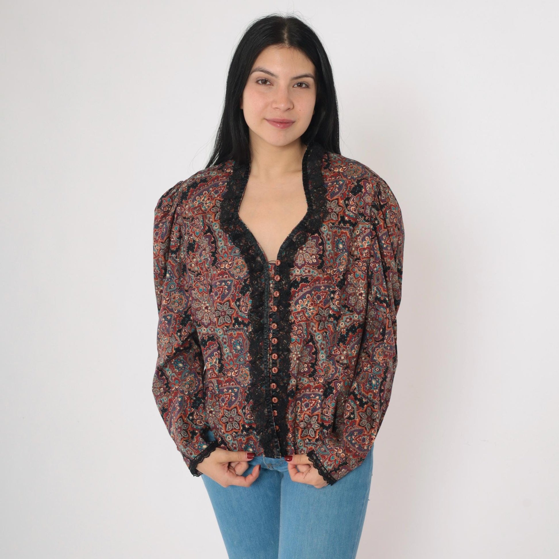 80s Paisley Button Up Blouse Puff Sleeve Lace Trim Purple Large