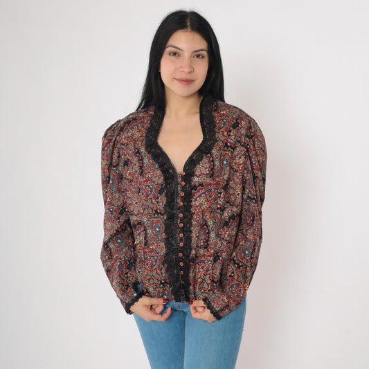 80s Paisley Button Up Blouse Puff Sleeve Lace Trim Purple Large