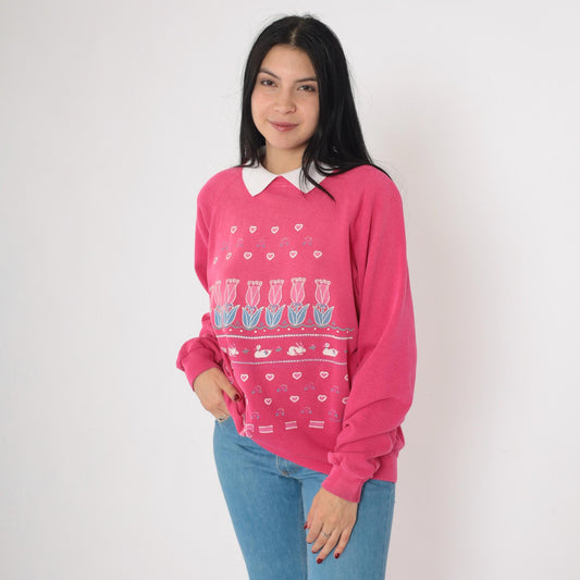 90s Pink Floral Goose & Bunny Graphic Sweatshirt Raglan Collar Medium