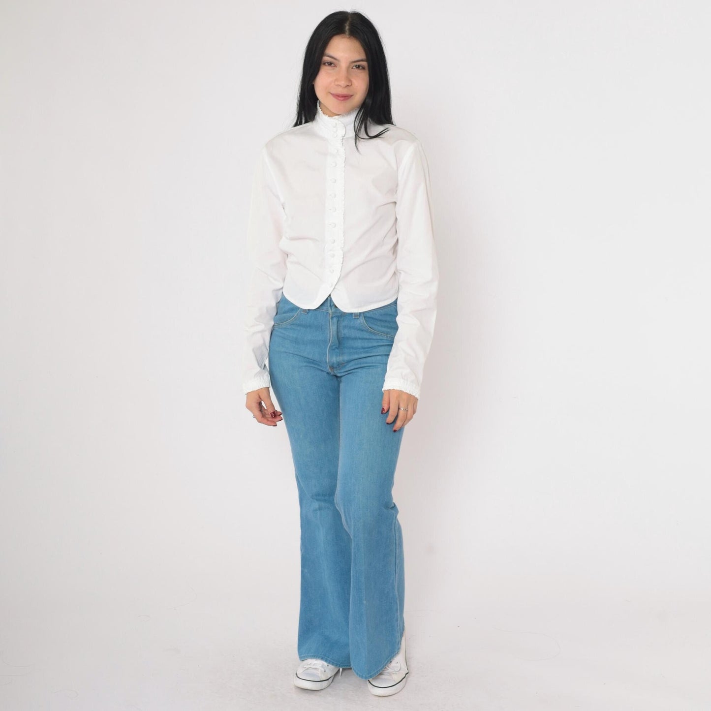 Y2K DKNY White Cotton Ruffle Blouse High Neck Button Up Small 6