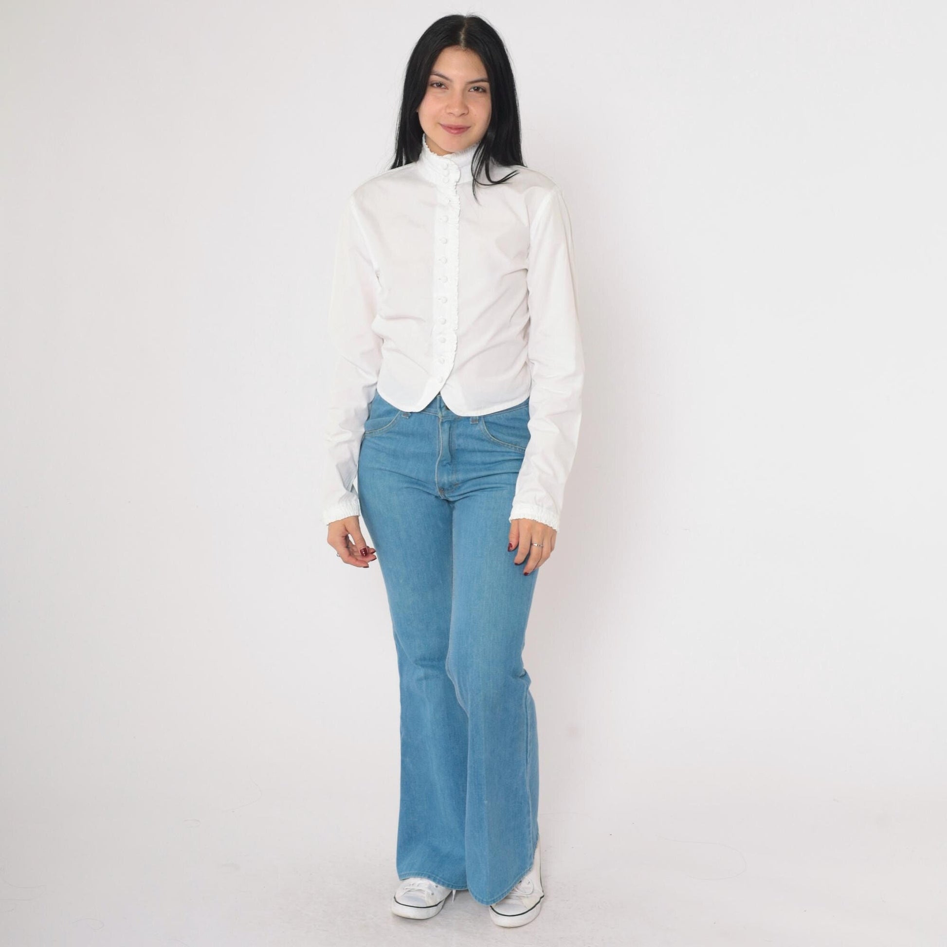 Y2K DKNY White Cotton Ruffle Blouse High Neck Button Up Small 6