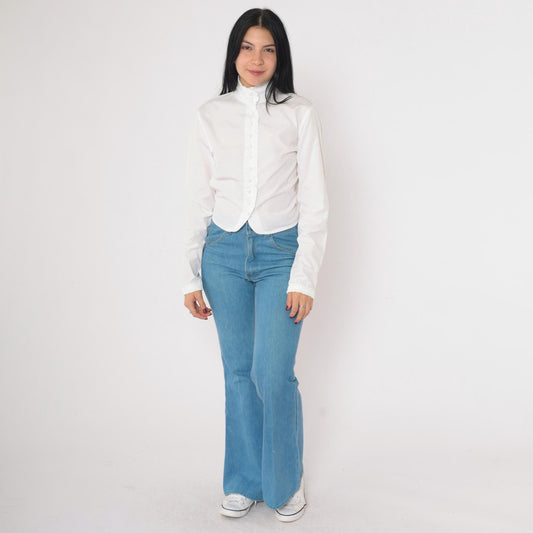 Y2K DKNY White Cotton Ruffle Blouse High Neck Button Up Small 6