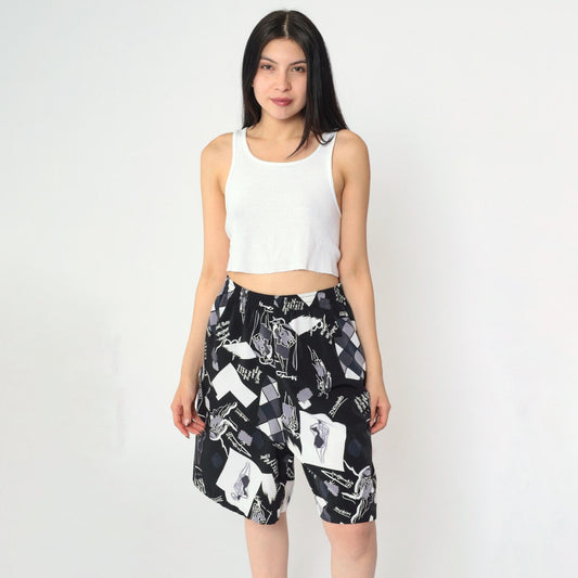 90s Black White Abstract Graphic Shorts Elastic Waist Baggy Medium Large