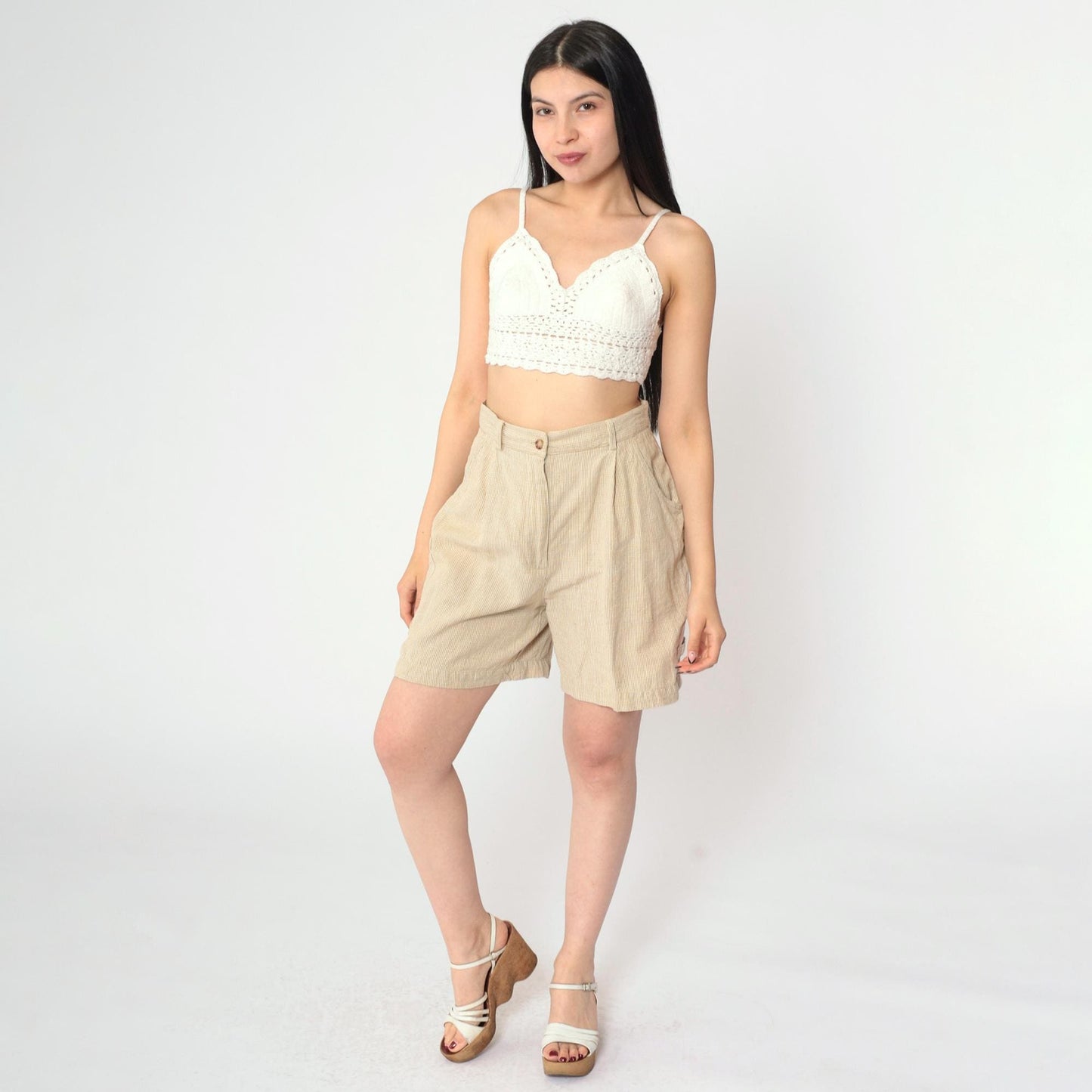 90s Talbots Houndstooth Pleated Shorts Tan High Waist Linen Small