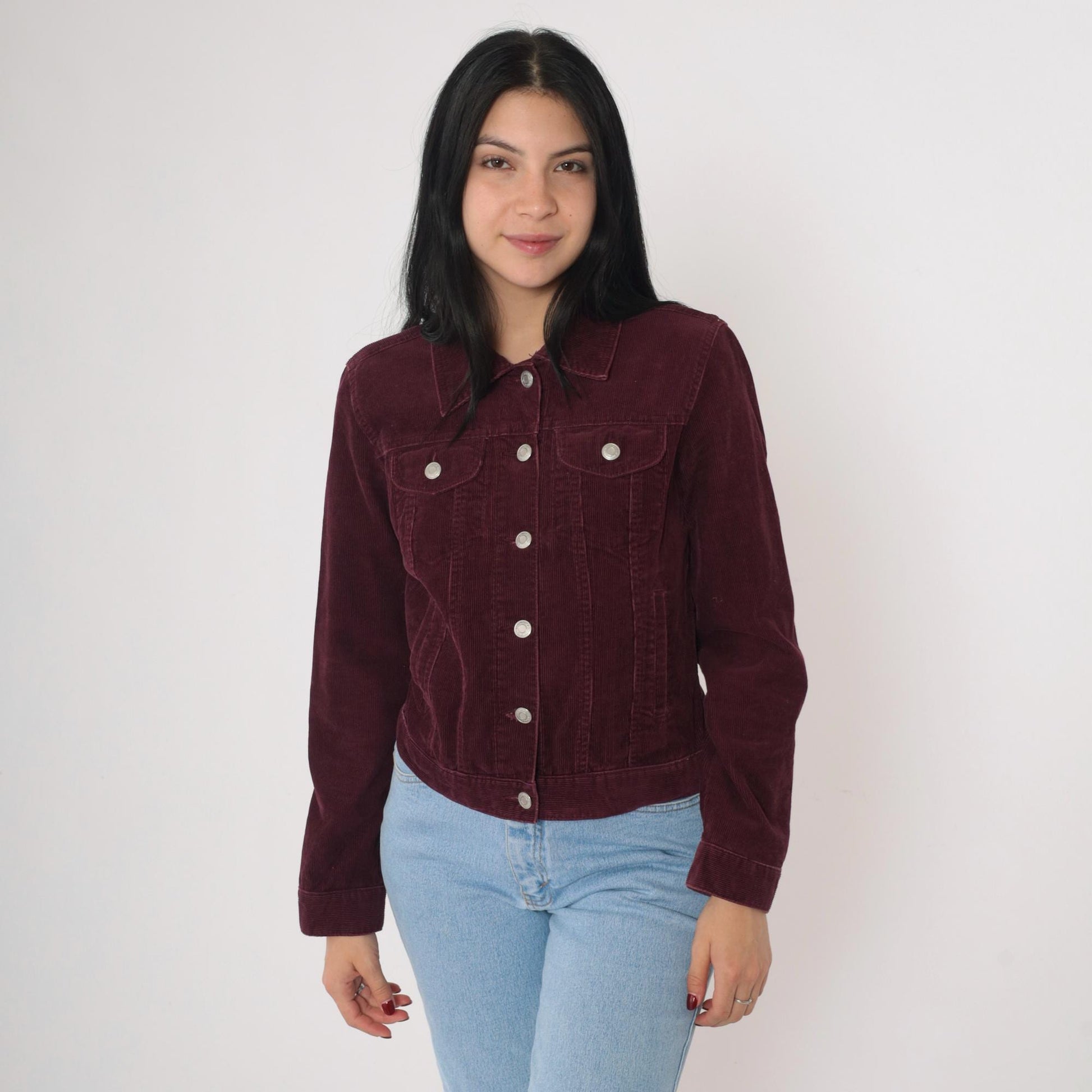 2000s Old Navy Burgundy Corduroy Trucker Jacket Silver Buttons Small S