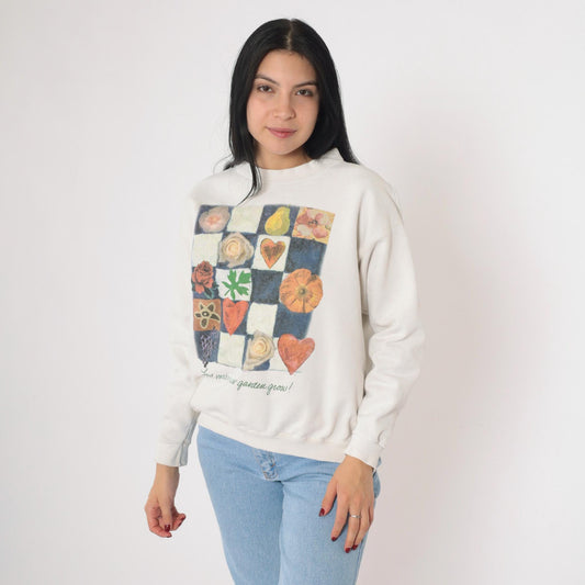 90s Love Makes Our Garden Grow Floral Patchwork Sweatshirt Off-White Medium