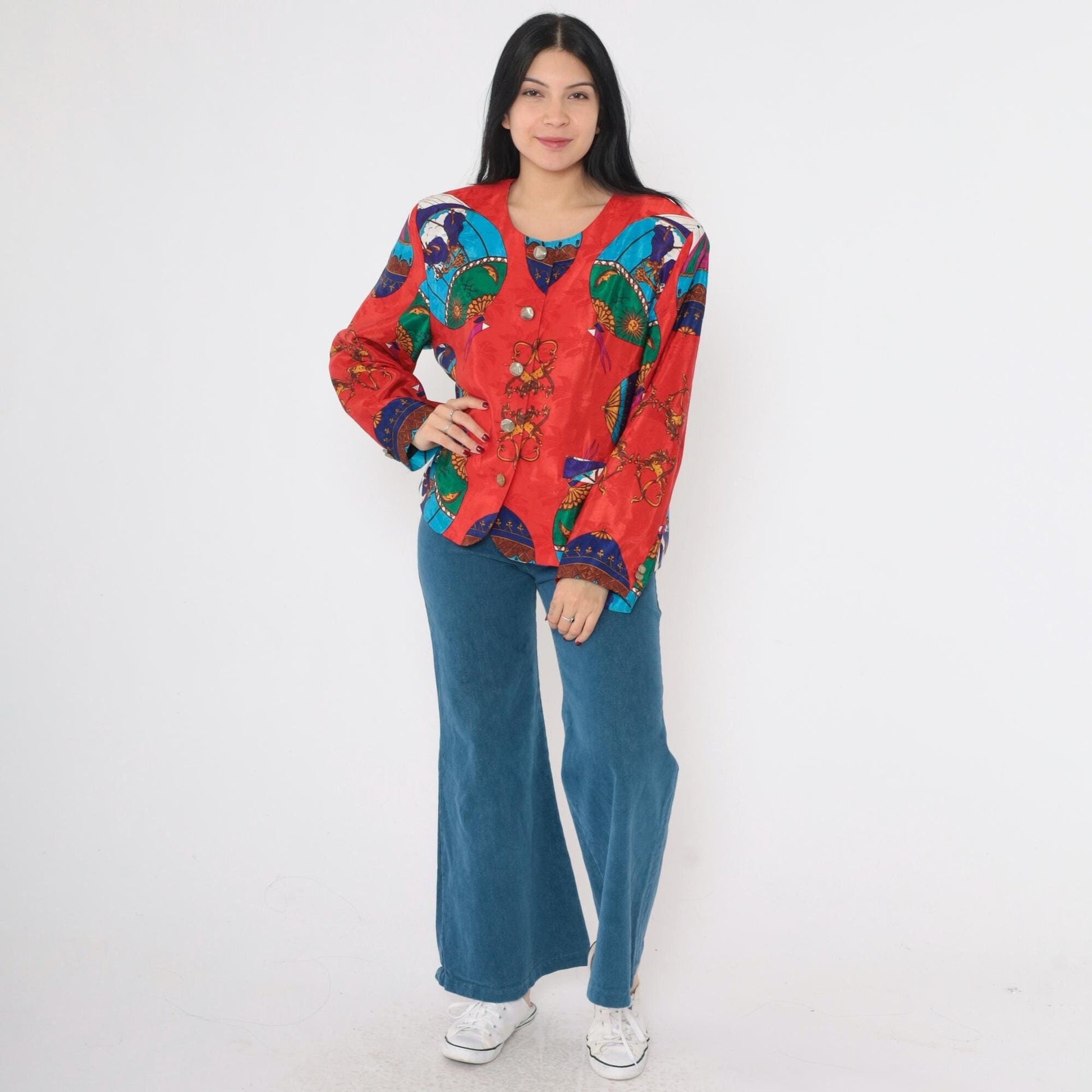 90s Hot Air Balloon Cherub Celestial Jacket Red Multicolor Button Up Medium