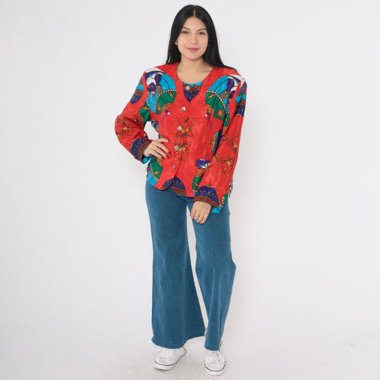 90s Hot Air Balloon Cherub Celestial Jacket Red Multicolor Button Up Medium