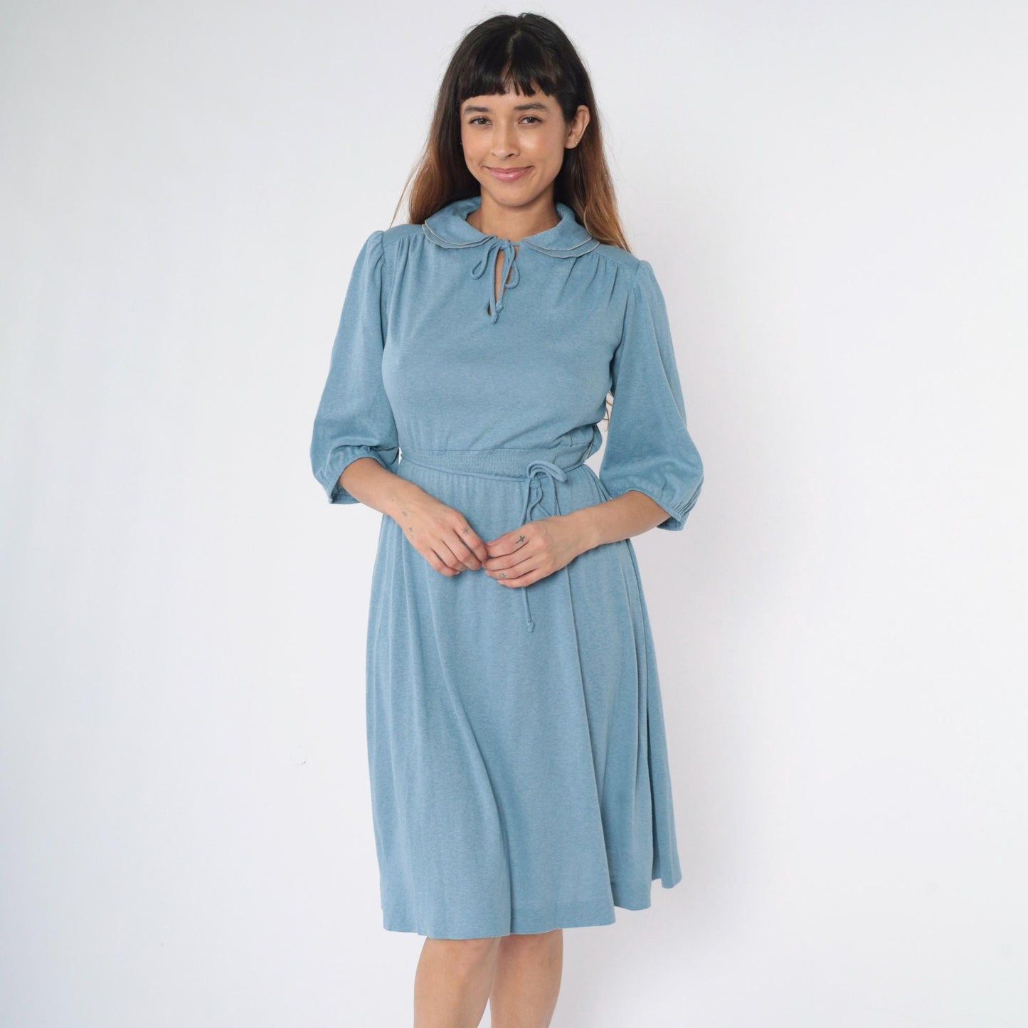 70s Monique Blue Midi Dress Peter Pan Collar Puff Sleeve Smocked Waist Small