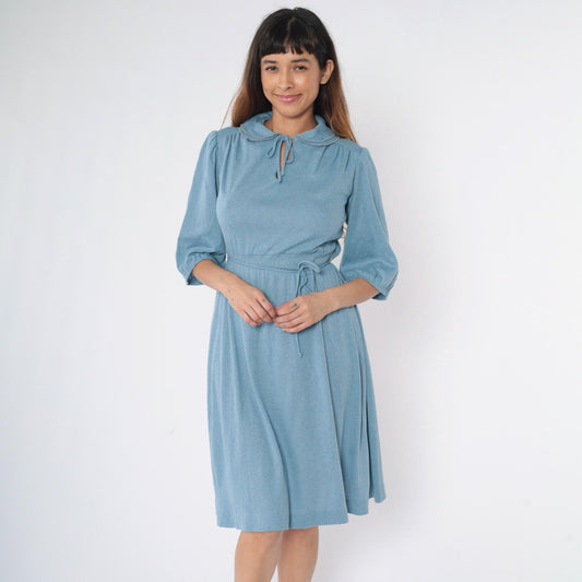 70s Monique Blue Midi Dress Peter Pan Collar Puff Sleeve Smocked Waist Small