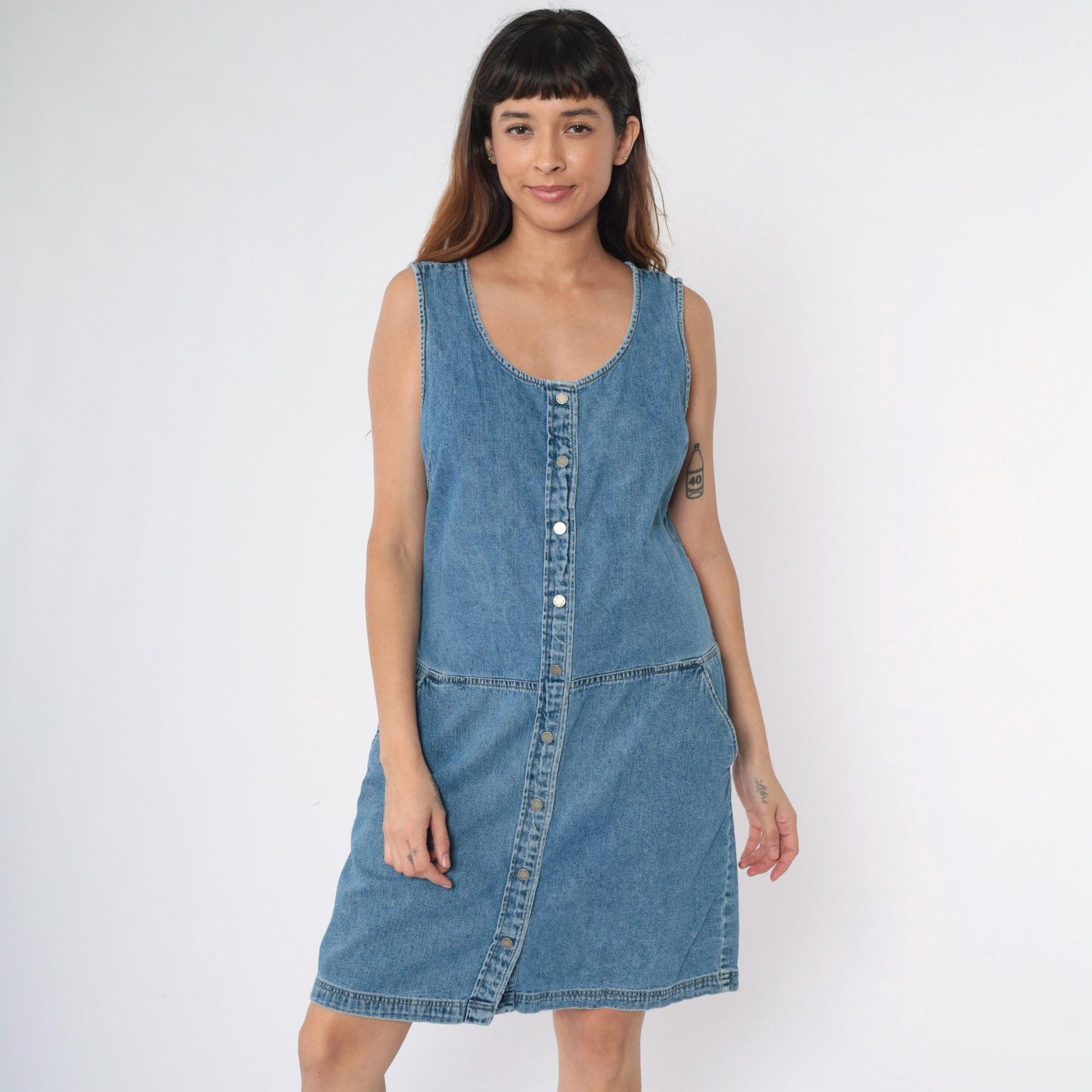 Y2K Blue Denim Jumper Dress Button-Up Sleeveless Knee-Length Large 12