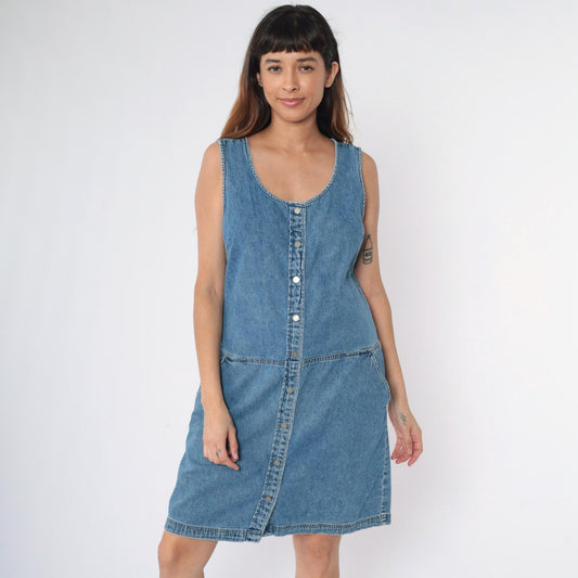 Y2K Blue Denim Jumper Dress Button-Up Sleeveless Knee-Length Large 12
