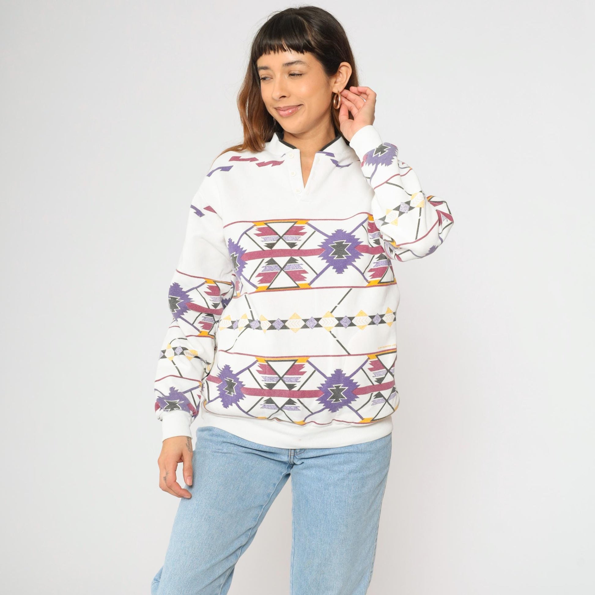 90s Southwestern Print Sweatshirt White Henley Neckline Medium M
