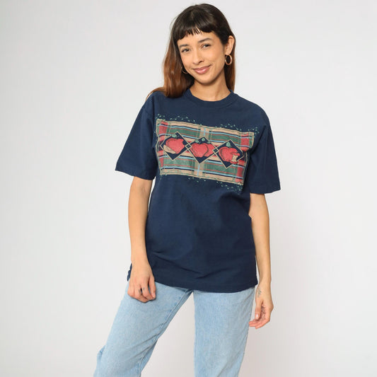 90s Apple Graphic T-Shirt Navy Blue Crewneck Cotton Medium