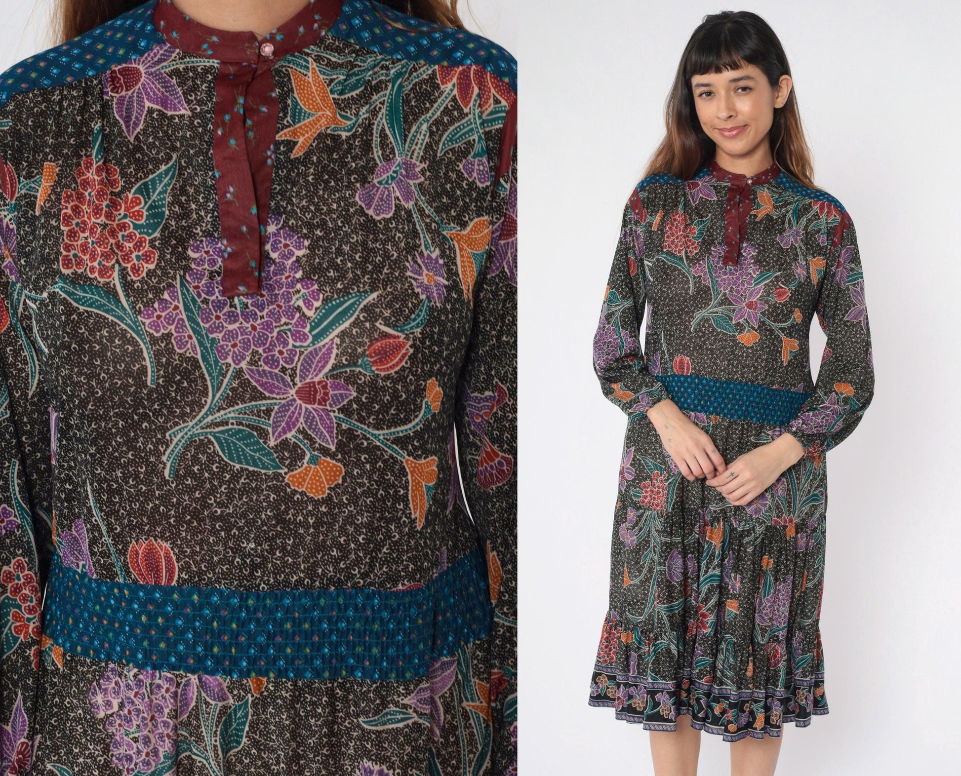 70s Black Floral Midi Dress High Neck Smocked Waist Long Sleeve Medium M