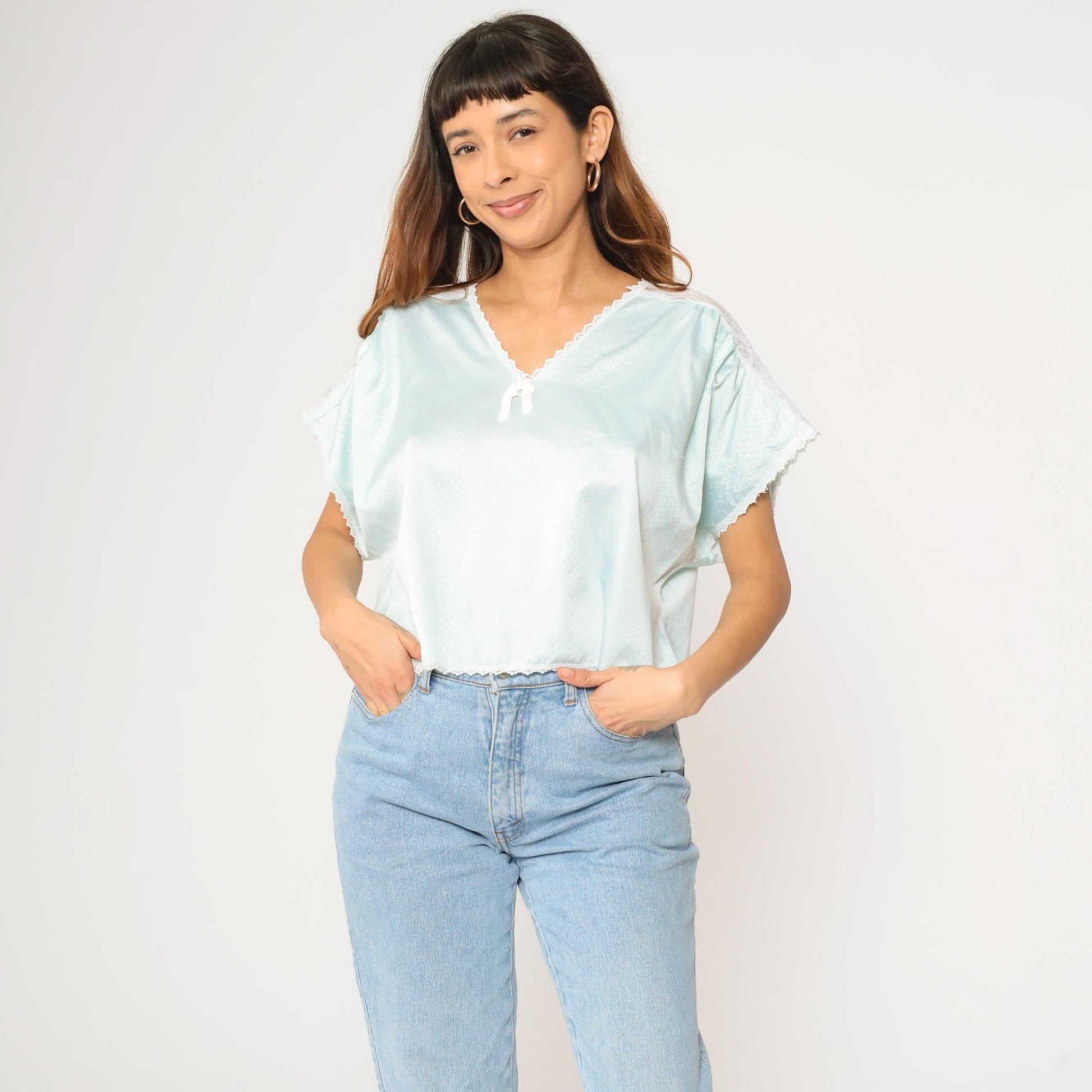 80s Aqua Satin Snakeskin Pajama Top Lace Trim Cropped V-Neck Medium