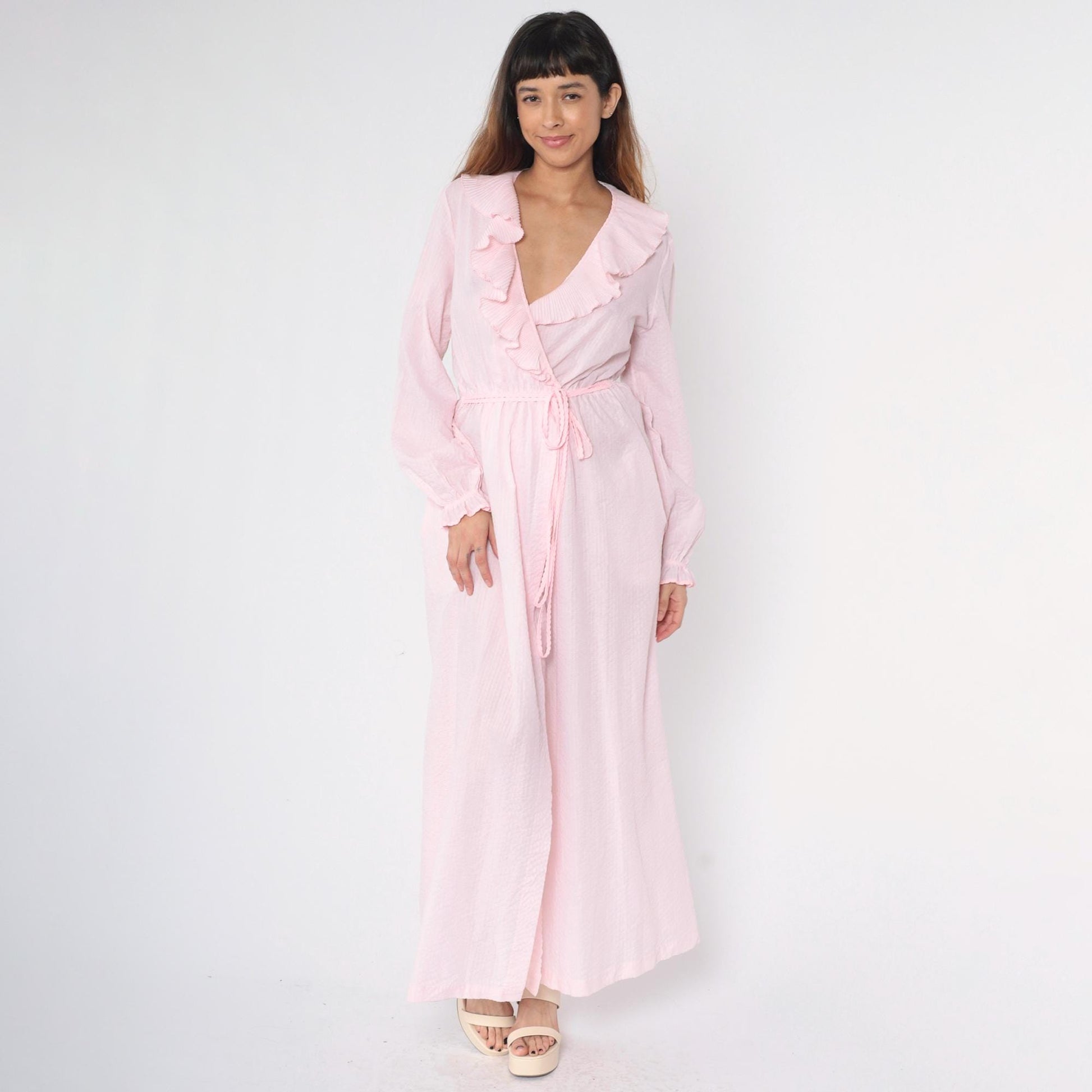 80s Pink Seersucker Wrap Dress Deep V Ruffle Collar Maxi Small