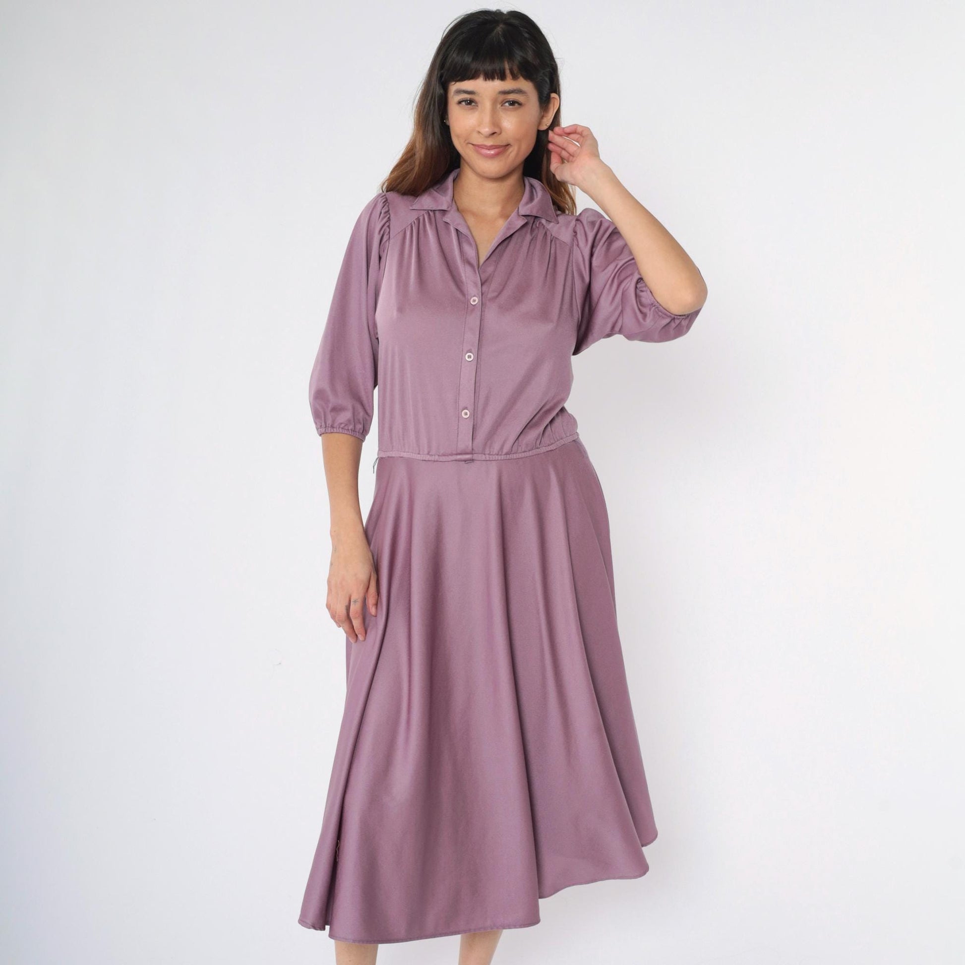 80s Purple Puff Sleeve Midi Shirtdress High Waist Button Up Medium Large
