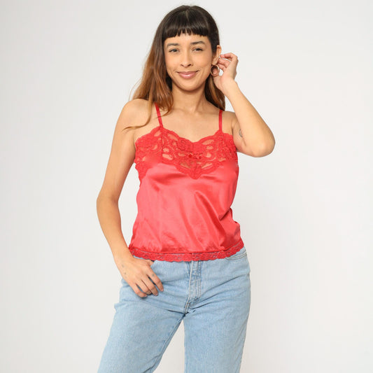 80s Red Satin Camisole Lace Trim Sweetheart Neckline Small S