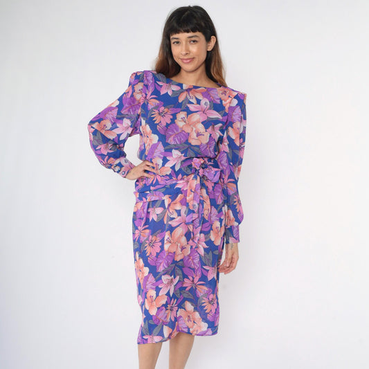 80s Tropical Floral Midi Dress Purple Hibiscus Print Puff Sleeve Tie Waist Medium