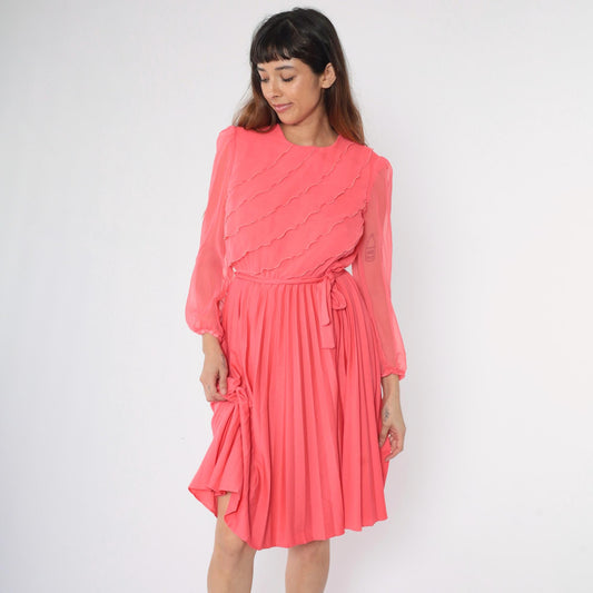 70s Pink Chiffon Ruffle Midi Dress Pleated Elastic Waist Small S